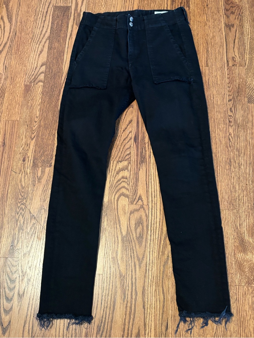 Rag & Bone JEAN Denny Patch Pocket Skinny Jeans Black Coal Size 27 Frayed Hem